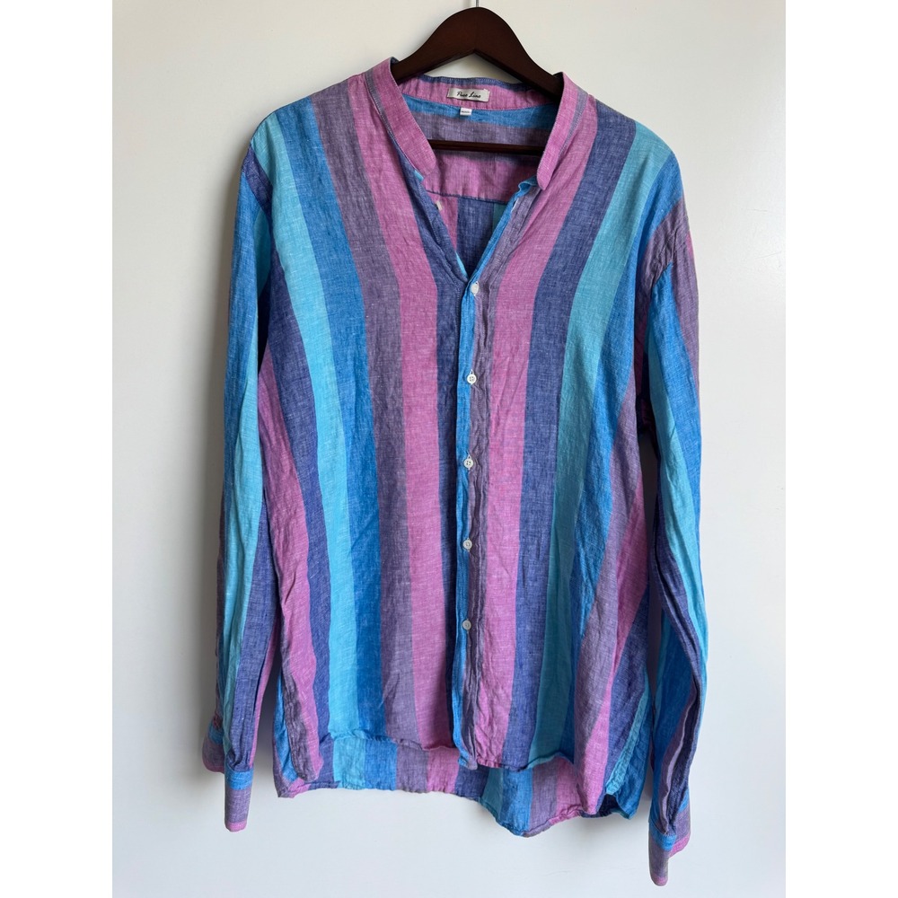 Puro Lino Mens XXL Linen Striped Button Down Shirt Blue Purple Made in Italy